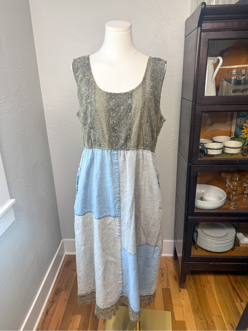 Young Threads Patchwork Denim Lace Midi Dress Boho Cottagecore Size L